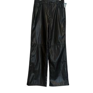 *NEW* Black Zip Fly Faux Leather Flat Front Wide Straight Leg Pants Ladies Small